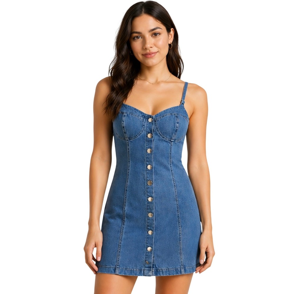 IRIS Denim Mini Dress Women Size M Blue Button Front Cutout Back Bodycon Summer